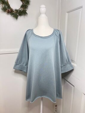 Evy's Tree The Morgan Raglan Puff Sleeve Top in Blue Mist NWT